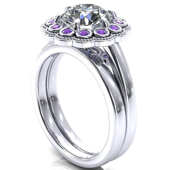 Rings Zinnia Round Center Stone 6 Prongs Milgrain Halo Accent Amethyst Ring Fire Brilliance 