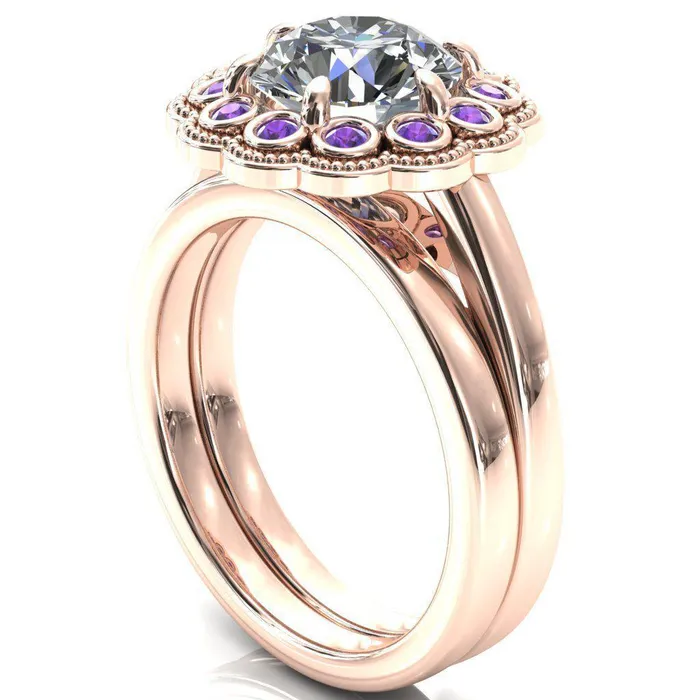 Rings Zinnia Round Center Stone 6 Prongs Milgrain Halo Accent Amethyst Ring Fire Brilliance 