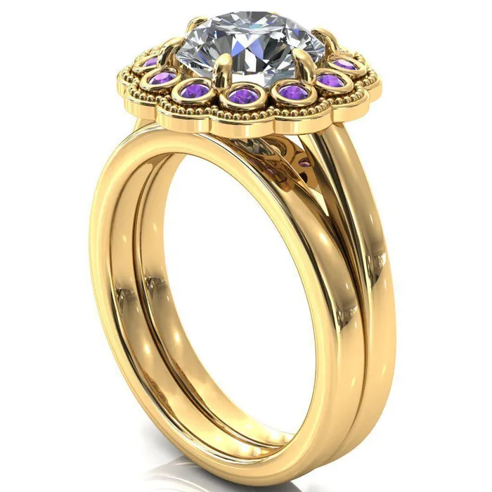 Rings Zinnia Round Center Stone 6 Prongs Milgrain Halo Accent Amethyst Ring Fire Brilliance 