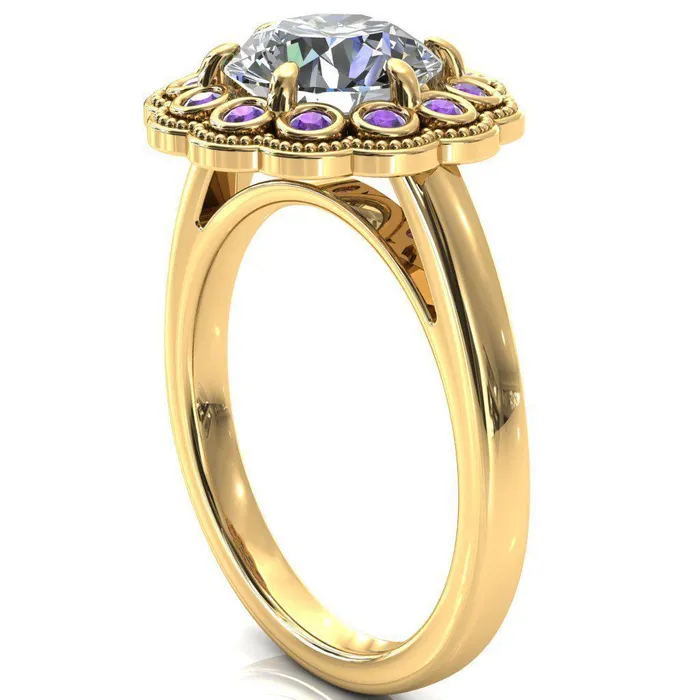 Rings Zinnia Round Center Stone 6 Prongs Milgrain Halo Accent Amethyst Ring Fire Brilliance 