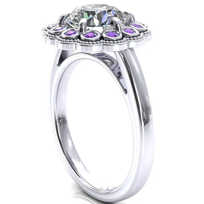 Rings Zinnia Round Center Stone 6 Prongs Milgrain Halo Accent Amethyst Ring Fire Brilliance 