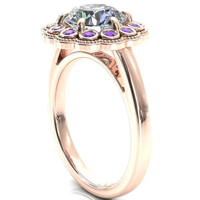 Rings Zinnia Round Center Stone 6 Prongs Milgrain Halo Accent Amethyst Ring Fire Brilliance 