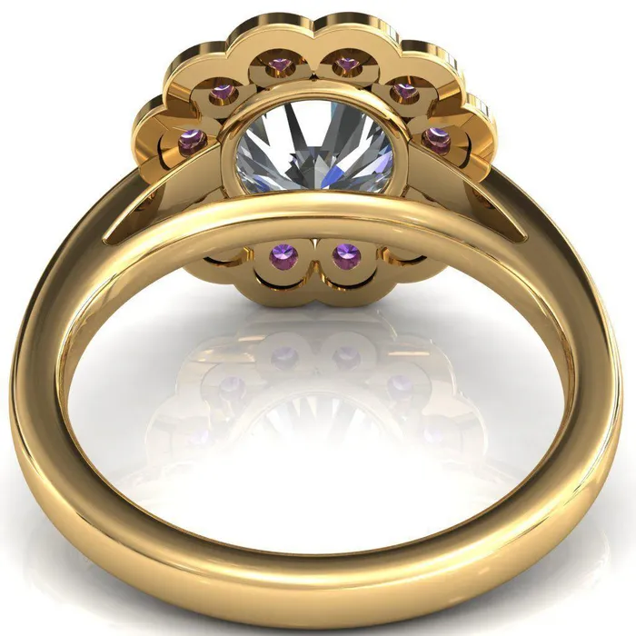 Rings Zinnia Round Center Stone 6 Prongs Milgrain Halo Accent Amethyst Ring Fire Brilliance 