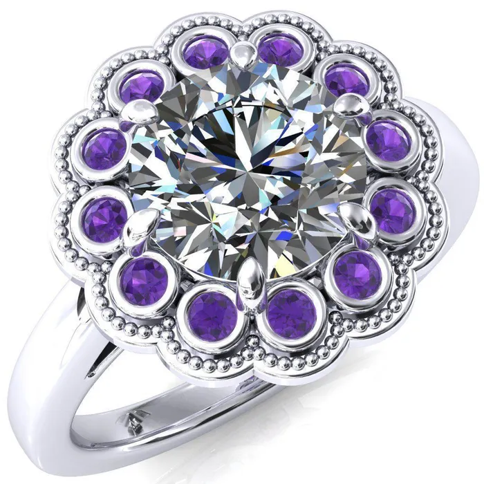 Rings Zinnia Round Center Stone 6 Prongs Milgrain Halo Accent Amethyst Ring Fire Brilliance 