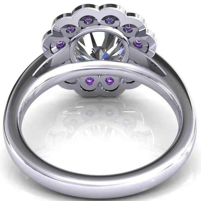 Rings Zinnia Round Center Stone 6 Prongs Milgrain Halo Accent Amethyst Ring Fire Brilliance 
