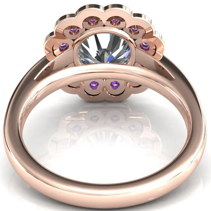Rings Zinnia Round Center Stone 6 Prongs Milgrain Halo Accent Amethyst Ring Fire Brilliance 