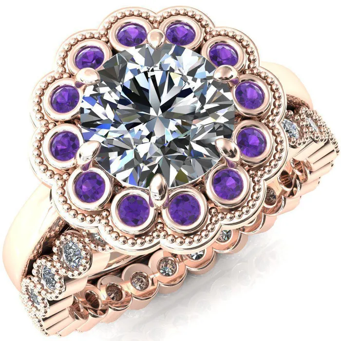 Rings Zinnia Round Center Stone 6 Prongs Milgrain Halo Accent Amethyst Ring Fire Brilliance 