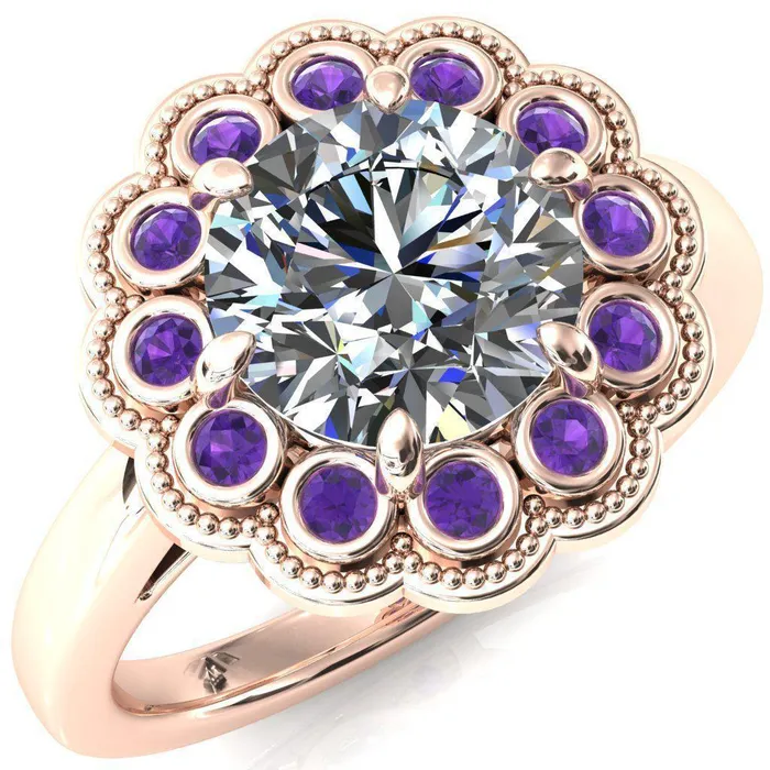 Rings Zinnia Round Center Stone 6 Prongs Milgrain Halo Accent Amethyst Ring Fire Brilliance 