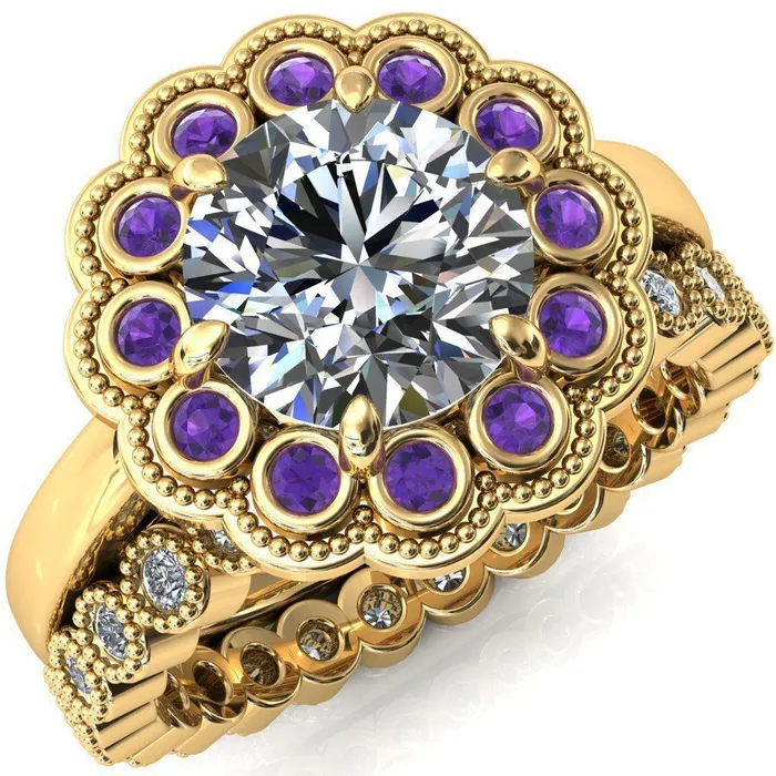 Rings Zinnia Round Center Stone 6 Prongs Milgrain Halo Accent Amethyst Ring Fire Brilliance 