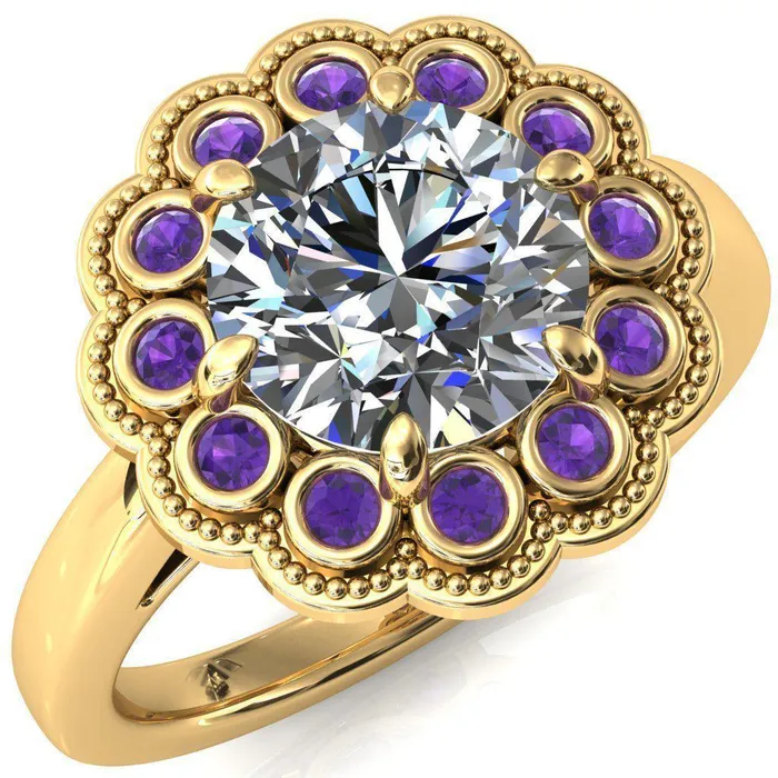 Rings Zinnia Round Center Stone 6 Prongs Milgrain Halo Accent Amethyst Ring Fire Brilliance 