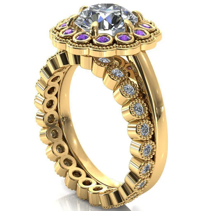 Rings Zinnia Round Center Stone 6 Prongs Milgrain Halo Accent Amethyst Ring Fire Brilliance 