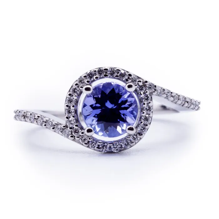 Round Natural Tanzanite with Diamond Accented Bypass Halo Ring Fire Brilliance Rings Round Natural Tanzanite with Diamond Accented Bypass Halo Ring Fire Brilliance Rings