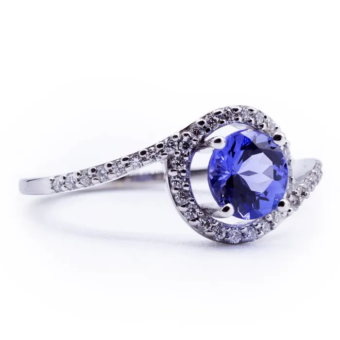 Round Natural Tanzanite with Diamond Accented Bypass Halo Ring Fire Brilliance Rings