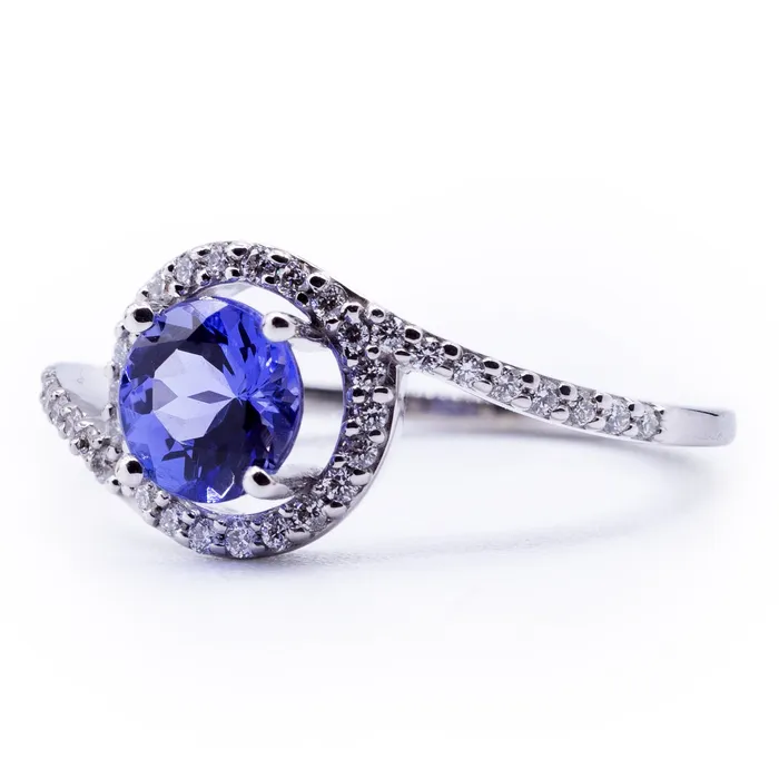 Round Natural Tanzanite with Diamond Accented Bypass Halo Ring Fire Brilliance Rings