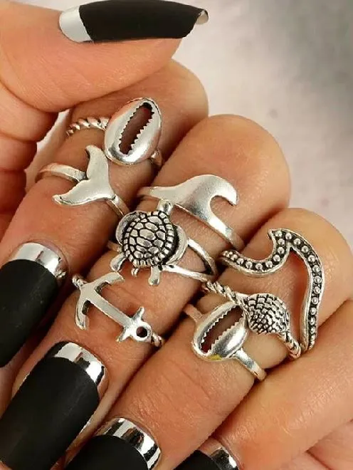 RS90 Silver Color Sea Life 8 pc Ring Set 02 Rings
