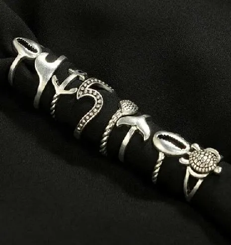 RS90 Silver Color Sea Life 8 pc Ring Set 02 Rings