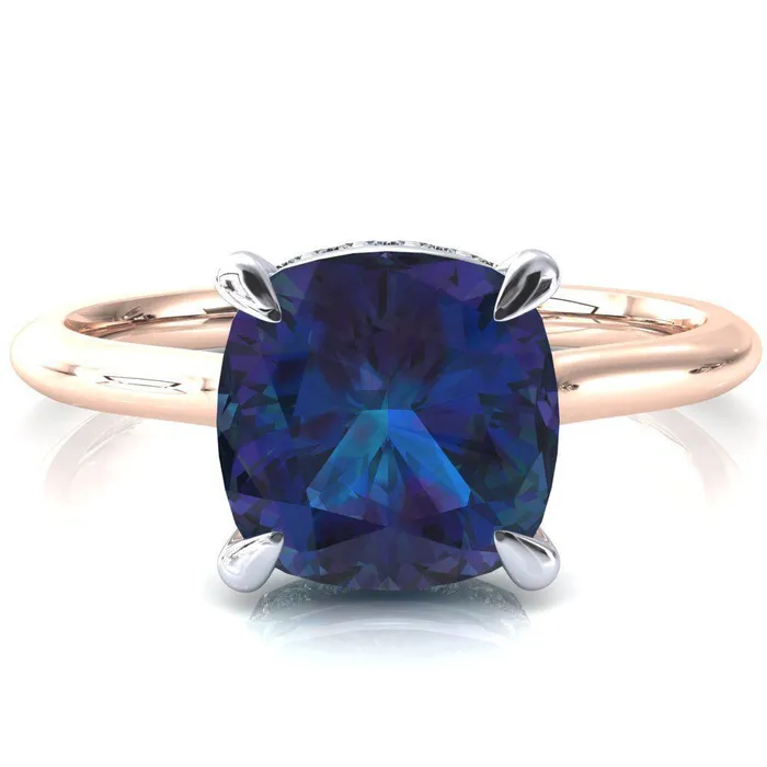 Secret Cushion Alexandrite 4 Prong Floating Halo Engagement Ring Fire Brilliance Rings