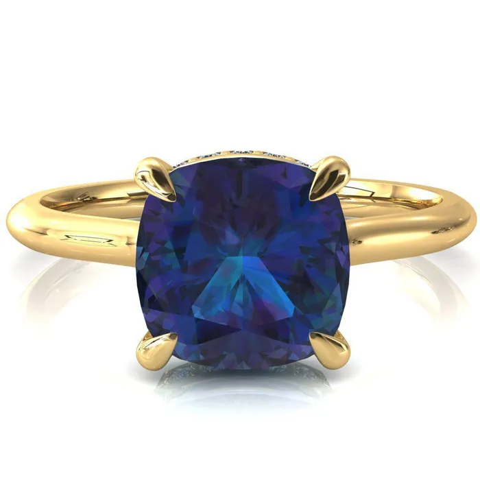 Secret Cushion Alexandrite 4 Prong Floating Halo Engagement Ring Fire Brilliance Rings