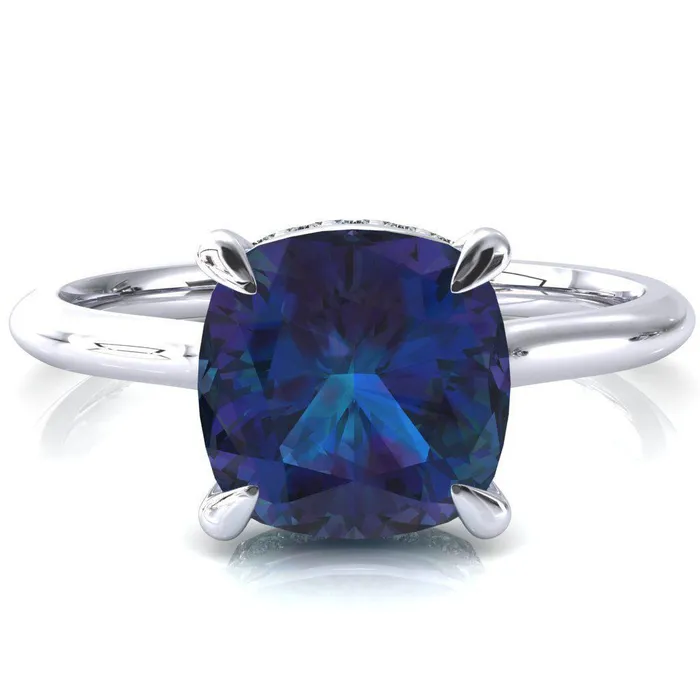 Secret Cushion Alexandrite 4 Prong Floating Halo Engagement Ring Fire Brilliance Rings