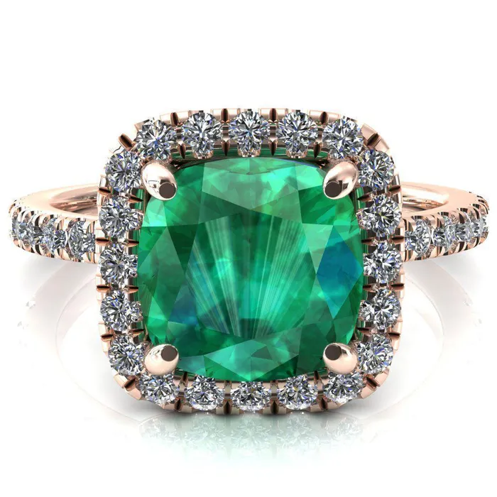 Talia Cushion Emerald 4 Prong Halo 58 Micropave Engagement Ring Fire Brilliance Rings