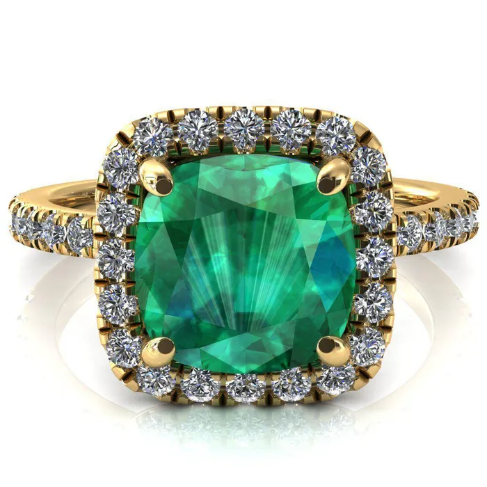 Talia Cushion Emerald 4 Prong Halo 58 Micropave Engagement Ring Fire Brilliance Rings