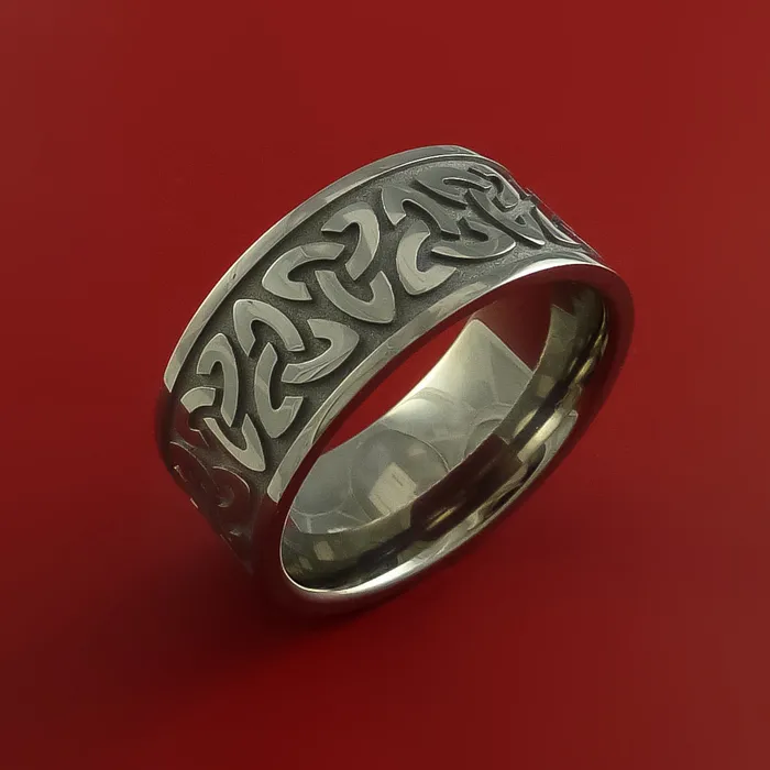 Titanium Ring with Trinity Milled Celtic Design Inlay Custom Made Band Lashbrook Rings Titanium Ring with Trinity Milled Celtic Design Inlay Custom Made Band Lashbrook Rings