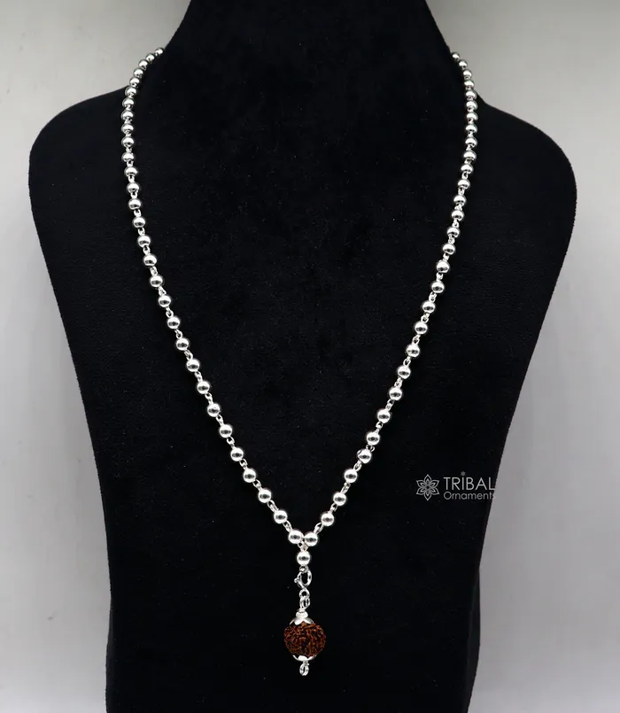 TRIBAL ORNAMENTS 5mm 925 sterling silver stunning plain beads chain japp mala 108 beads japp chain with hanging Holy Rudraksha jewelry ch0253 Necklaces TRIBAL ORNAMENTS 5mm 925 sterling silver stunning plain beads chain japp mala 108 beads japp chain with hanging Holy Rudraksha jewelry ch0253 Necklaces