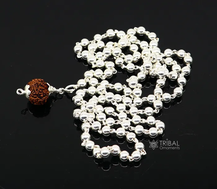 TRIBAL ORNAMENTS 5mm 925 sterling silver stunning plain beads chain japp mala 108 beads japp chain with hanging Holy Rudraksha jewelry ch0253 Necklaces TRIBAL ORNAMENTS 5mm 925 sterling silver stunning plain beads chain japp mala 108 beads japp chain with hanging Holy Rudraksha jewelry ch0253 Necklaces