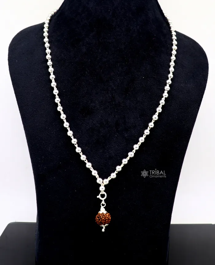 TRIBAL ORNAMENTS 5mm 925 sterling silver stunning plain beads chain japp mala 108 beads japp chain with hanging Holy Rudraksha jewelry ch0253 Necklaces TRIBAL ORNAMENTS 5mm 925 sterling silver stunning plain beads chain japp mala 108 beads japp chain with hanging Holy Rudraksha jewelry ch0253 Necklaces
