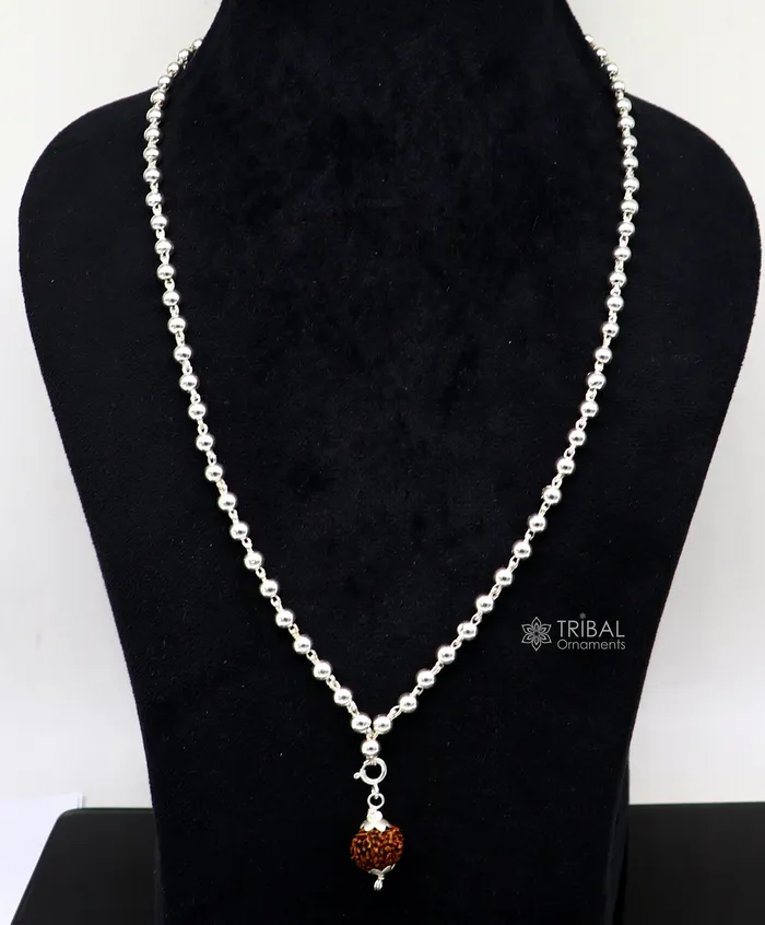 TRIBAL ORNAMENTS 5mm 925 sterling silver stunning plain beads chain japp mala 108 beads japp chain with hanging Holy Rudraksha jewelry ch0253 Necklaces TRIBAL ORNAMENTS 5mm 925 sterling silver stunning plain beads chain japp mala 108 beads japp chain with hanging Holy Rudraksha jewelry ch0253 Necklaces