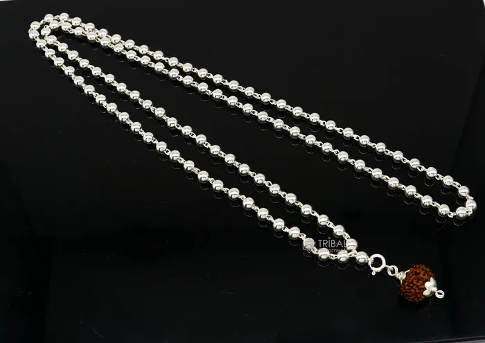 TRIBAL ORNAMENTS 5mm 925 sterling silver stunning plain beads chain japp mala 108 beads japp chain with hanging Holy Rudraksha jewelry ch0253 Necklaces TRIBAL ORNAMENTS 5mm 925 sterling silver stunning plain beads chain japp mala 108 beads japp chain with hanging Holy Rudraksha jewelry ch0253 Necklaces