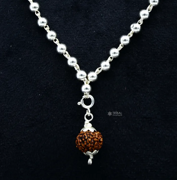 TRIBAL ORNAMENTS 5mm 925 sterling silver stunning plain beads chain japp mala 108 beads japp chain with hanging Holy Rudraksha jewelry ch0253 Necklaces TRIBAL ORNAMENTS 5mm 925 sterling silver stunning plain beads chain japp mala 108 beads japp chain with hanging Holy Rudraksha jewelry ch0253 Necklaces