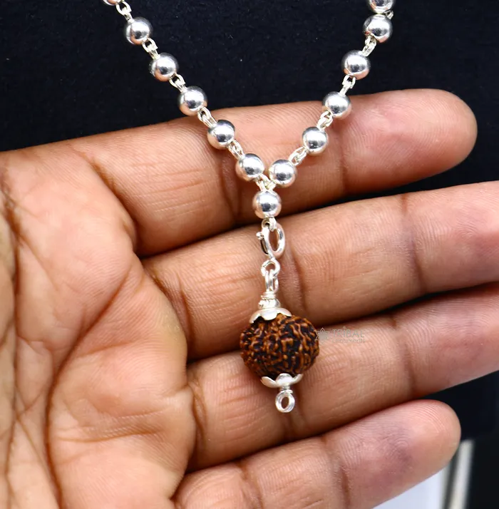 TRIBAL ORNAMENTS 5mm 925 sterling silver stunning plain beads chain japp mala 108 beads japp chain with hanging Holy Rudraksha jewelry ch0253 Necklaces TRIBAL ORNAMENTS 5mm 925 sterling silver stunning plain beads chain japp mala 108 beads japp chain with hanging Holy Rudraksha jewelry ch0253 Necklaces