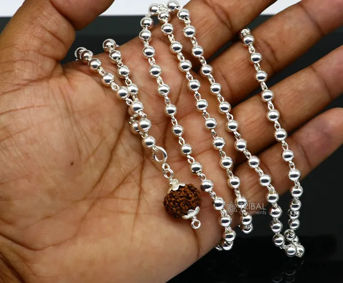 TRIBAL ORNAMENTS 5mm 925 sterling silver stunning plain beads chain japp mala 108 beads japp chain with hanging Holy Rudraksha jewelry ch0253 Necklaces TRIBAL ORNAMENTS 5mm 925 sterling silver stunning plain beads chain japp mala 108 beads japp chain with hanging Holy Rudraksha jewelry ch0253 Necklaces