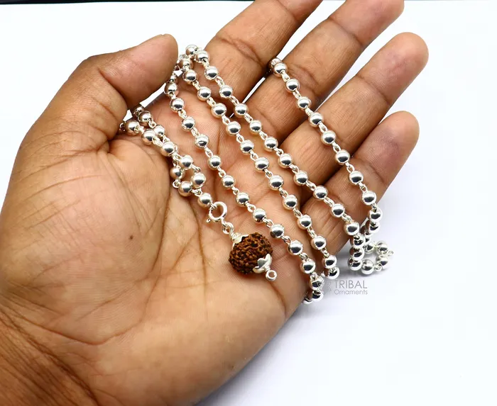 TRIBAL ORNAMENTS 5mm 925 sterling silver stunning plain beads chain japp mala 108 beads japp chain with hanging Holy Rudraksha jewelry ch0253 Necklaces TRIBAL ORNAMENTS 5mm 925 sterling silver stunning plain beads chain japp mala 108 beads japp chain with hanging Holy Rudraksha jewelry ch0253 Necklaces