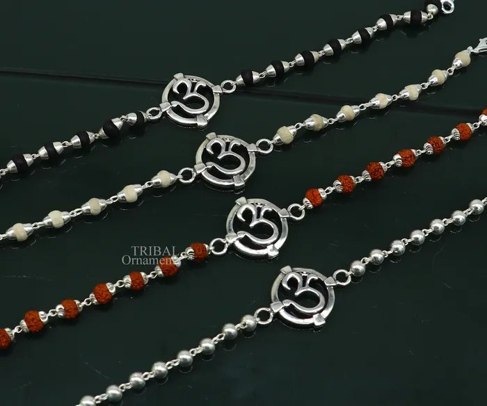 TRIBAL ORNAMENTS 925 sterling silver handmade Mantra Aum OM design Rakhi bracelet amazing Rudraksha or Tulsi beaded bracelet use as daily use jewelry rk187 Bracelets