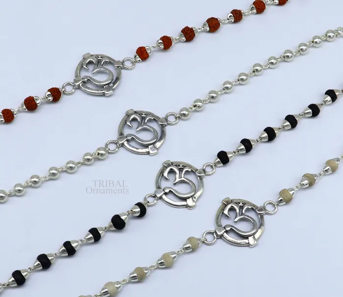 TRIBAL ORNAMENTS 925 sterling silver handmade Mantra Aum OM design Rakhi bracelet amazing Rudraksha or Tulsi beaded bracelet use as daily use jewelry rk187 Bracelets TRIBAL ORNAMENTS 925 sterling silver handmade Mantra Aum OM design Rakhi bracelet amazing Rudraksha or Tulsi beaded bracelet use as daily use jewelry rk187 Bracelets