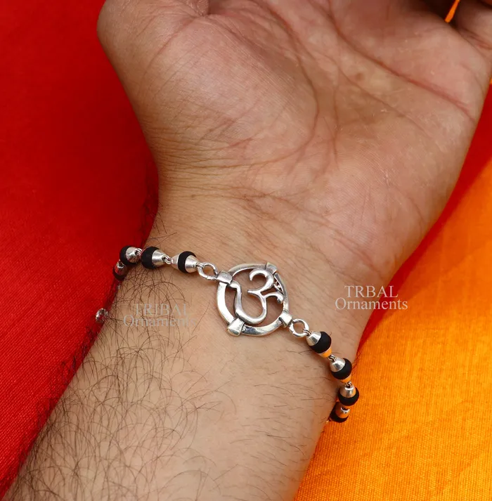TRIBAL ORNAMENTS 925 sterling silver handmade Mantra Aum OM design Rakhi bracelet amazing Rudraksha or Tulsi beaded bracelet use as daily use jewelry rk187 Bracelets TRIBAL ORNAMENTS 925 sterling silver handmade Mantra Aum OM design Rakhi bracelet amazing Rudraksha or Tulsi beaded bracelet use as daily use jewelry rk187 Bracelets