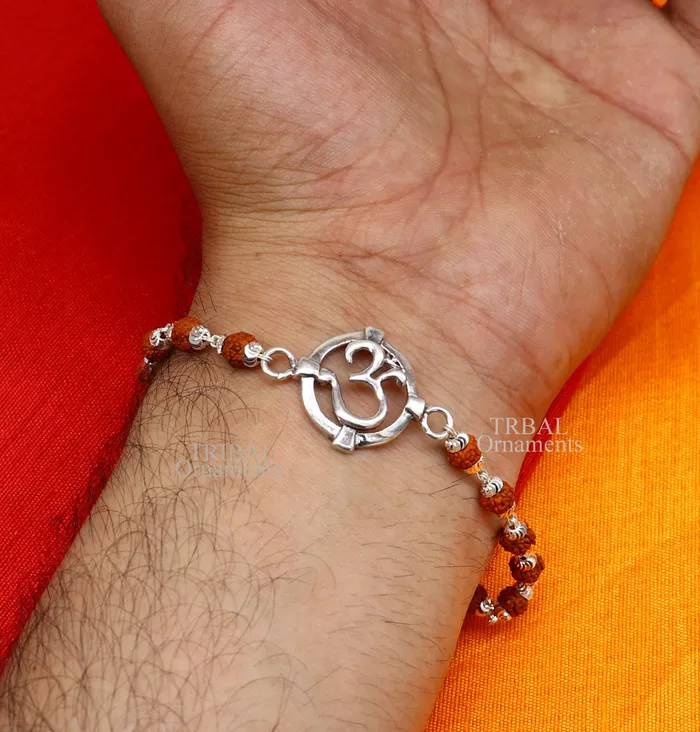 TRIBAL ORNAMENTS 925 sterling silver handmade Mantra Aum OM design Rakhi bracelet amazing Rudraksha or Tulsi beaded bracelet use as daily use jewelry rk187 Bracelets TRIBAL ORNAMENTS 925 sterling silver handmade Mantra Aum OM design Rakhi bracelet amazing Rudraksha or Tulsi beaded bracelet use as daily use jewelry rk187 Bracelets