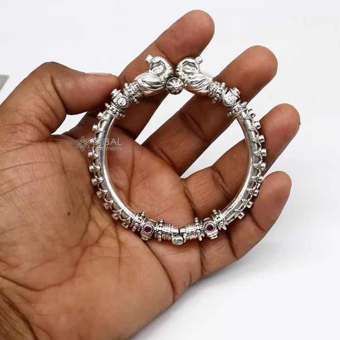 TRIBAL ORNAMENTS 925 Sterling silver handmade vintage peacock design cubic zircon stone tribal ethnic belly dance bangle bracelet gifting kada nba413 Bracelets