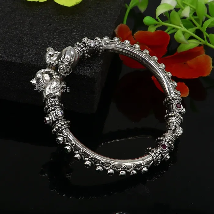 TRIBAL ORNAMENTS 925 Sterling silver handmade vintage peacock design cubic zircon stone tribal ethnic belly dance bangle bracelet gifting kada nba413 Bracelets