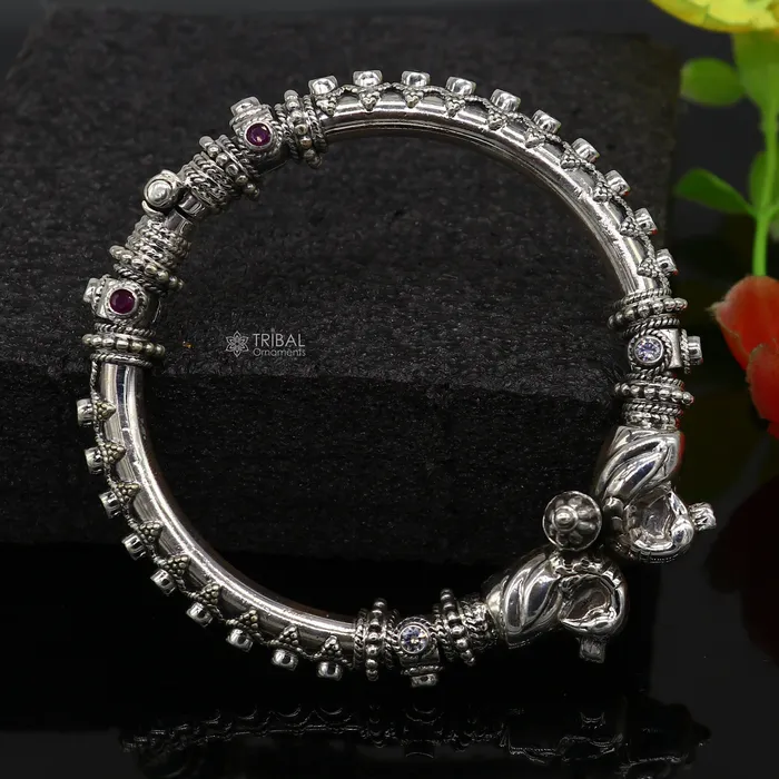 TRIBAL ORNAMENTS 925 Sterling silver handmade vintage peacock design cubic zircon stone tribal ethnic belly dance bangle bracelet gifting kada nba413 Bracelets