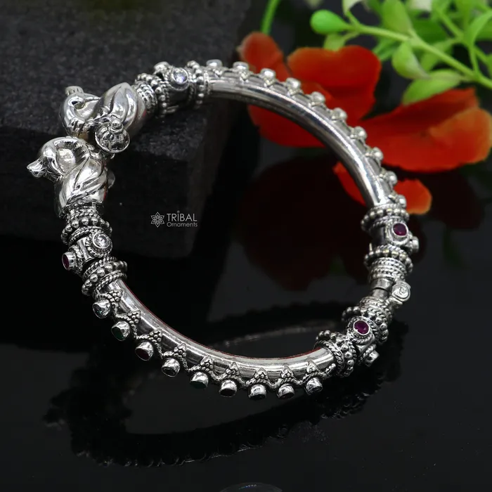 TRIBAL ORNAMENTS 925 Sterling silver handmade vintage peacock design cubic zircon stone tribal ethnic belly dance bangle bracelet gifting kada nba413 Bracelets