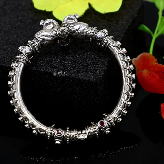 TRIBAL ORNAMENTS 925 Sterling silver handmade vintage peacock design cubic zircon stone tribal ethnic belly dance bangle bracelet gifting kada nba413 Bracelets