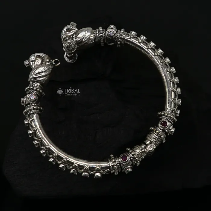 TRIBAL ORNAMENTS 925 Sterling silver handmade vintage peacock design cubic zircon stone tribal ethnic belly dance bangle bracelet gifting kada nba413 Bracelets