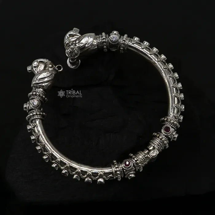 TRIBAL ORNAMENTS 925 Sterling silver handmade vintage peacock design cubic zircon stone tribal ethnic belly dance bangle bracelet gifting kada nba413 Bracelets