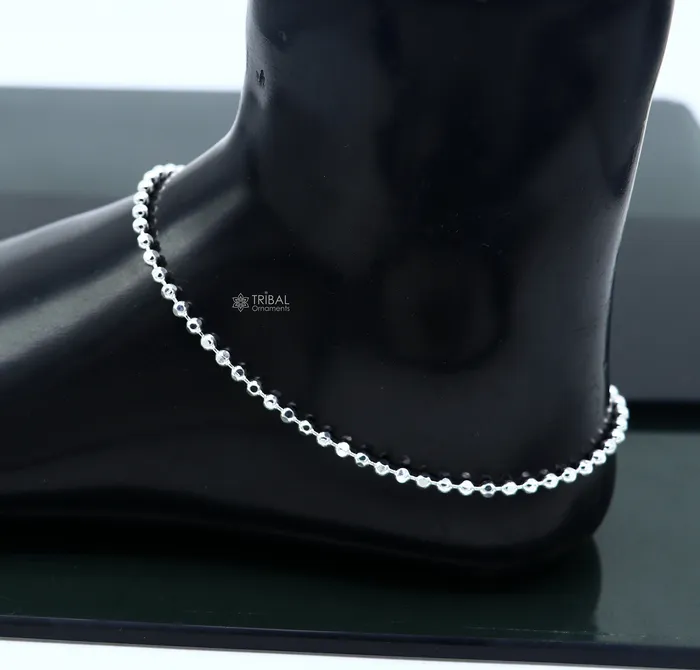 TRIBAL ORNAMENTS Bracelets 3mm 105 925 sterling silver beadedball chain anklet bracelet amazing light weight delicate anklets belly dance silver jewelry ank600