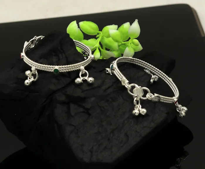 TRIBAL ORNAMENTS Bracelets 5 Solid silver handmade gorgeous new born baby charm ankle bracelet amazing gorgeous hanging noisy bells customized gifting anklet ankb4
