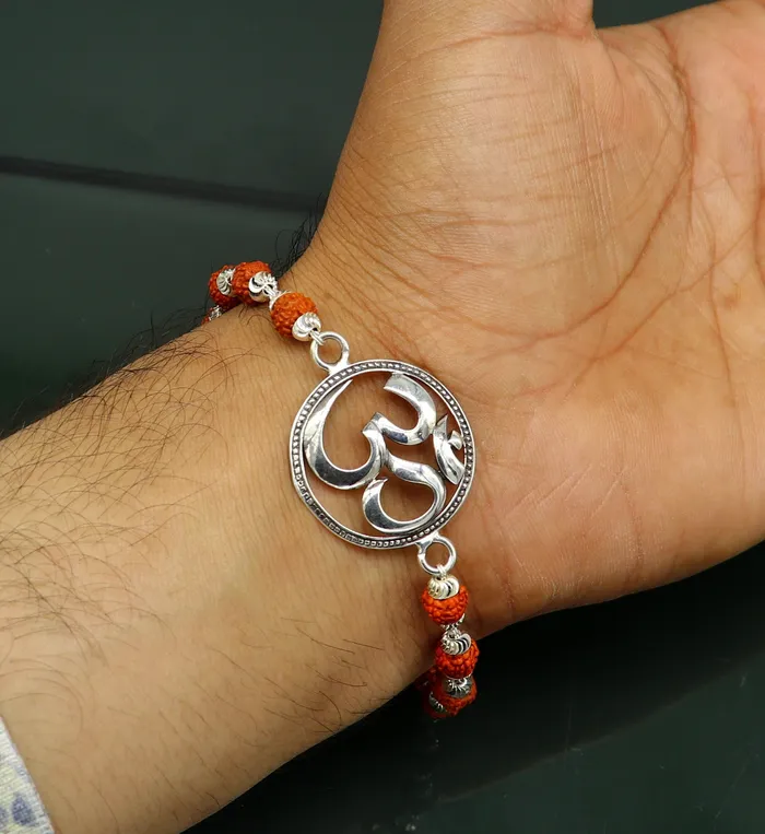 TRIBAL ORNAMENTS Bracelets 925 Sterling silver customized rudraksha beaded AUM OM Rakhi or bracelet best gift for your brothers for special Rakshabandhan rk001 TRIBAL ORNAMENTS Bracelets 925 Sterling silver customized rudraksha beaded AUM OM Rakhi or bracelet best gift for your brothers for special Rakshabandhan rk001