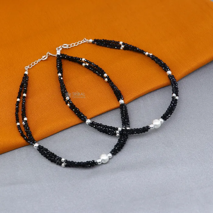TRIBAL ORNAMENTS Bracelets 925 sterling silver double chain black beaded anklet bracelet amazing light weight delicate anklets silver jewelry ank655